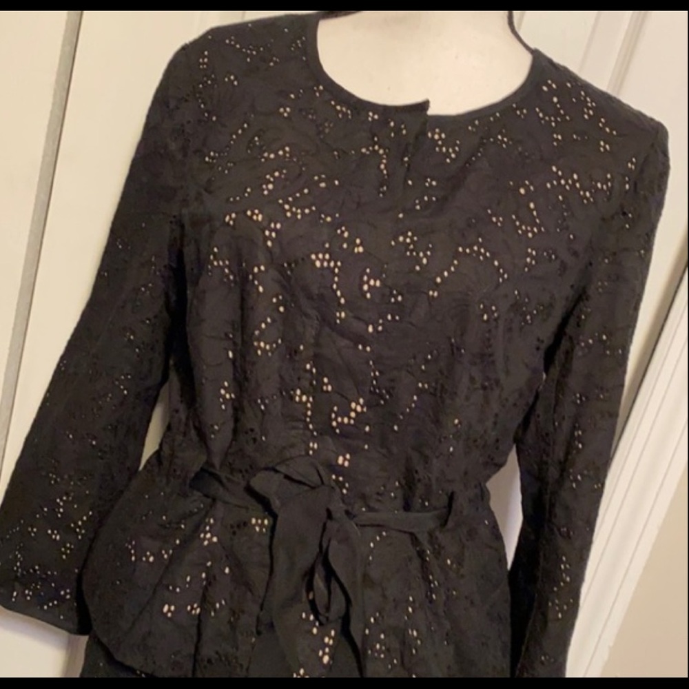Ann Taylor LOFT black & beige cotton lace lined skirt & jacket set - Picture 1 of 8